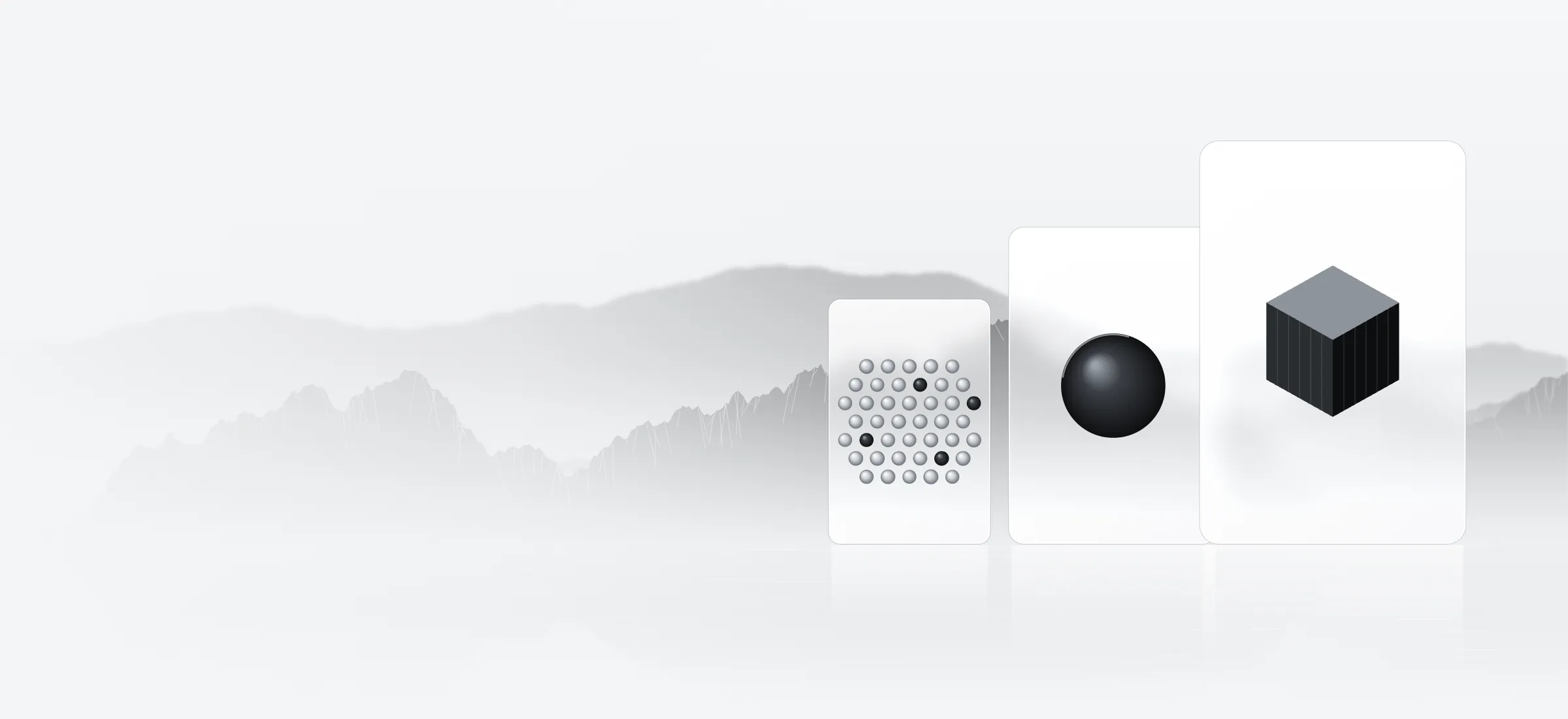 Glass slabs holding a sphere, a cube and a lattice of beads over still water in a misty mountain range